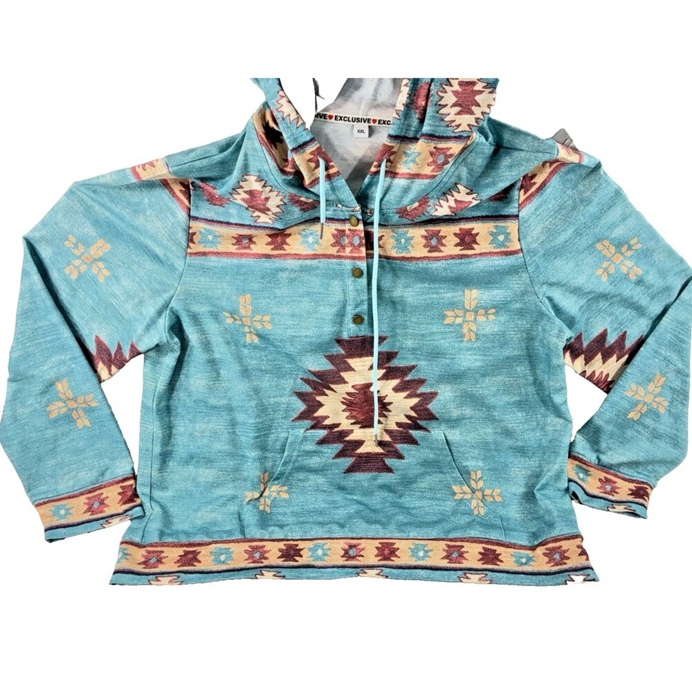 Exclusive Aztec Turquoise Print Hoodie Women's XXL